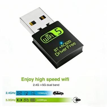 AC600 WiFi and Bluetooth 2-in-1 USB Adapter, Dual Band 5GHz/2.4GHz Mini Wireless Network Receiver Dongle, Driver Free for PC/Laptop/Desktop