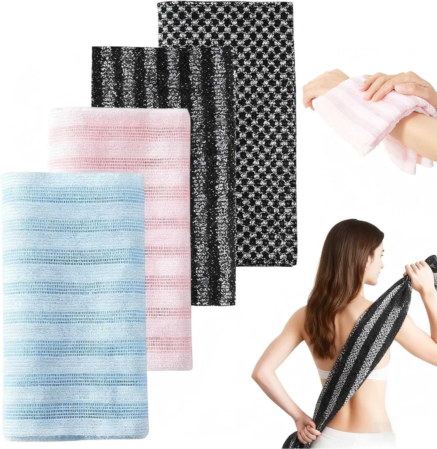 Blissal Exfoliating Antibacterial Shower Towel-4 Pack Back Body Scrubber Exfoliating Washcloth For Use in Shower Bath, Exfoliate Rags Wash Cloths