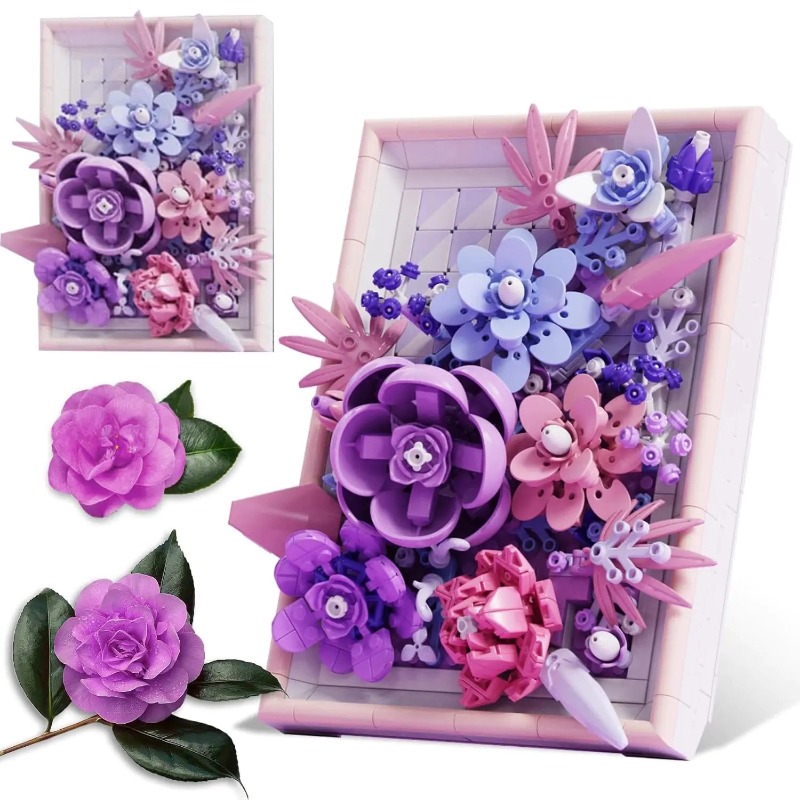 Flowers Building Block Set Compatible with Lego, DIY Purple Roses Picture Frame, Home Office Decor, Wall Art Botanical Collection Gifts for Adults Tee