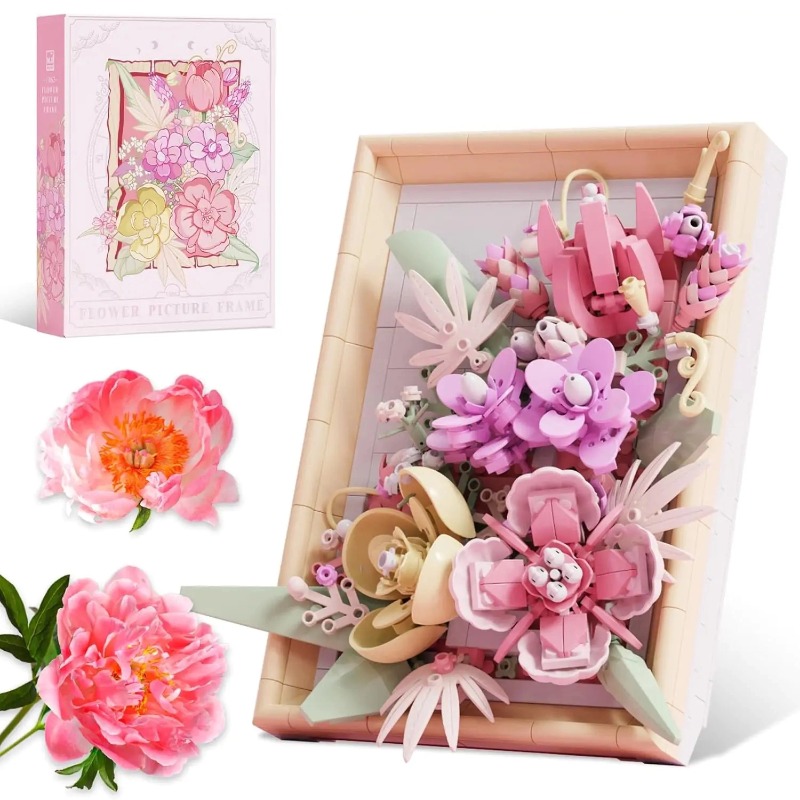 Flowers Building Set for Adults, Compatible with Lego Flowers Roses Plants Picture Frame, Botanical Collection Wall Art Home Office Decor, Ideas Gift 
