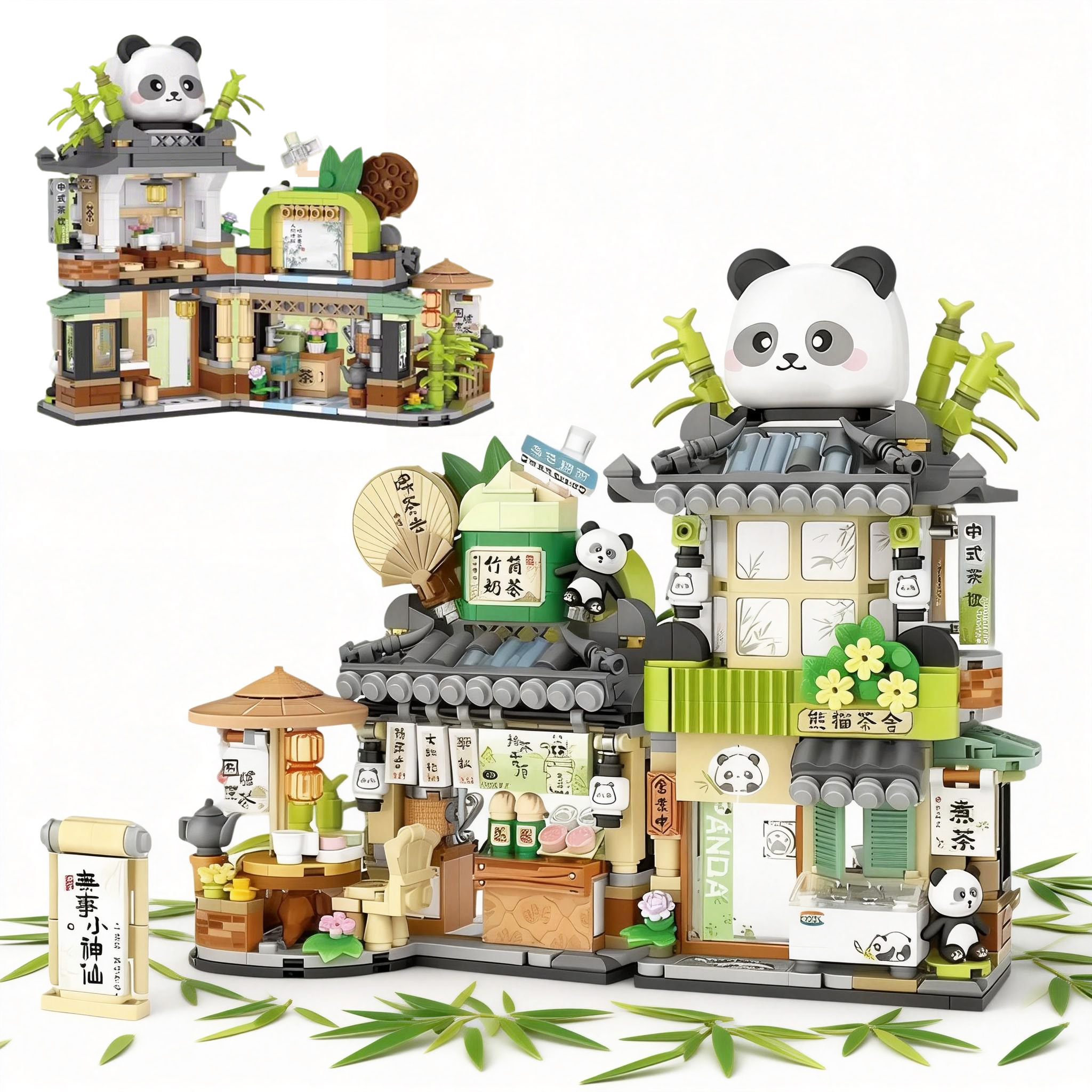 Street View Tea Shop Mini Building Blocks, MOC Creative Building Toys Cute Panda Animals Building Set for Girls 6-12, Simulation Architecture Construc