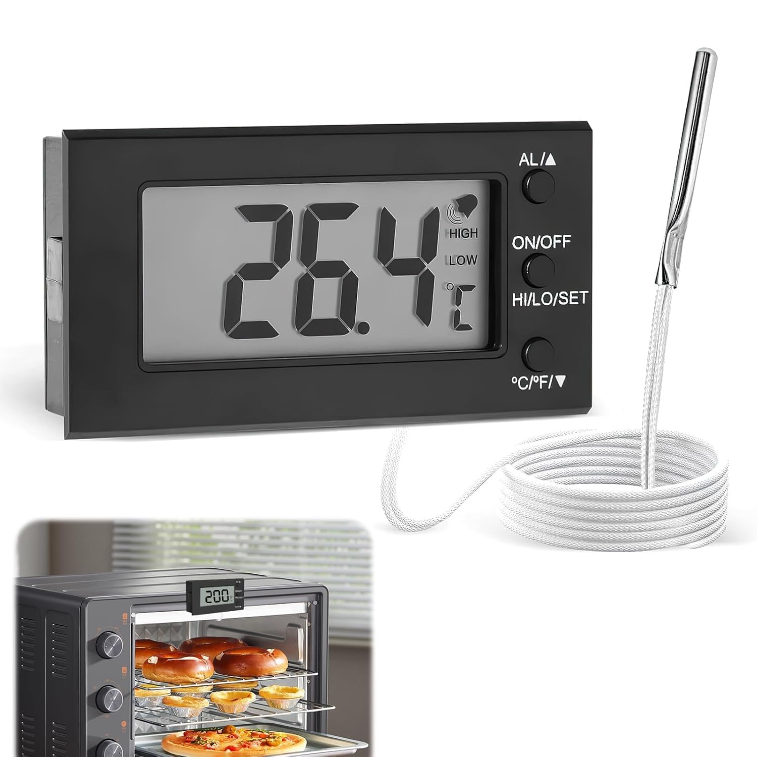 Digital Oven Thermometer with Probe for Inside Oven, Fridge Freezer Thermometer Resistant -50 to 300°C, High Low Temperature Alarm Instant Read Food 