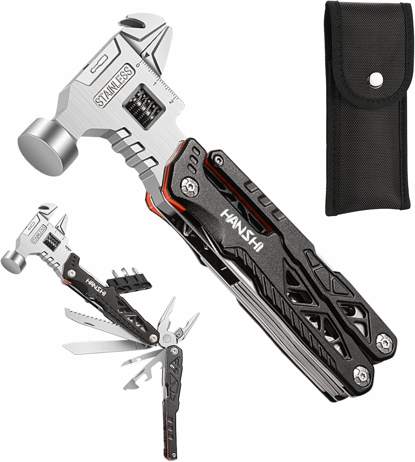 Upgraded Adjustable Wrench Multitool Hammer with YG10 Tungsten Steel Replaceable Wire Cutters for Men,18 in 1 Pocket Multi Tool Knife with Spring-Acti