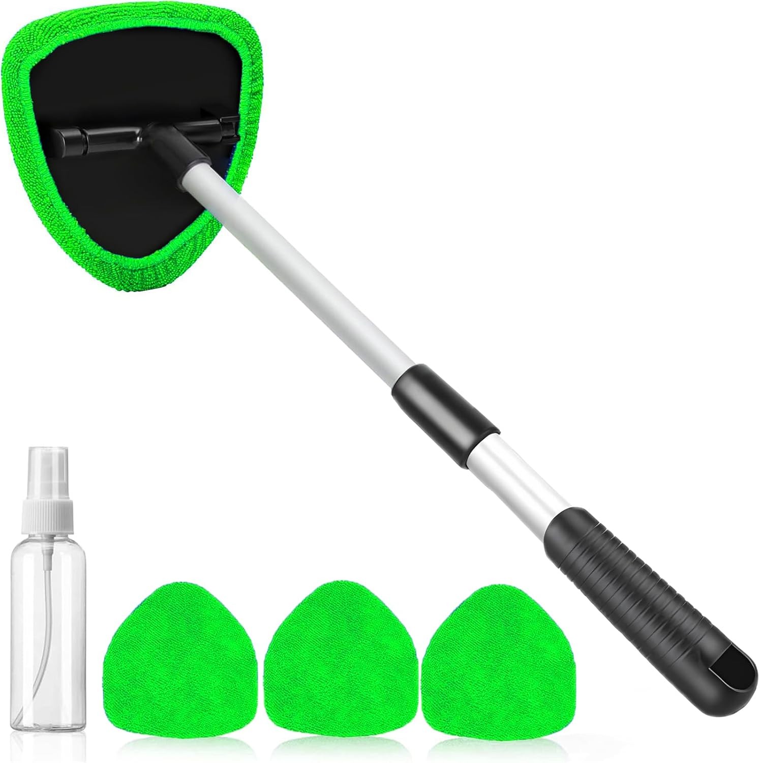 Windshield Cleaner Tool – Car Interior Window Cleaning Kit with Extendable Handle & 4 Microfiber Pads, Auto Wiper Inside Windshield Brush for Car & Ho