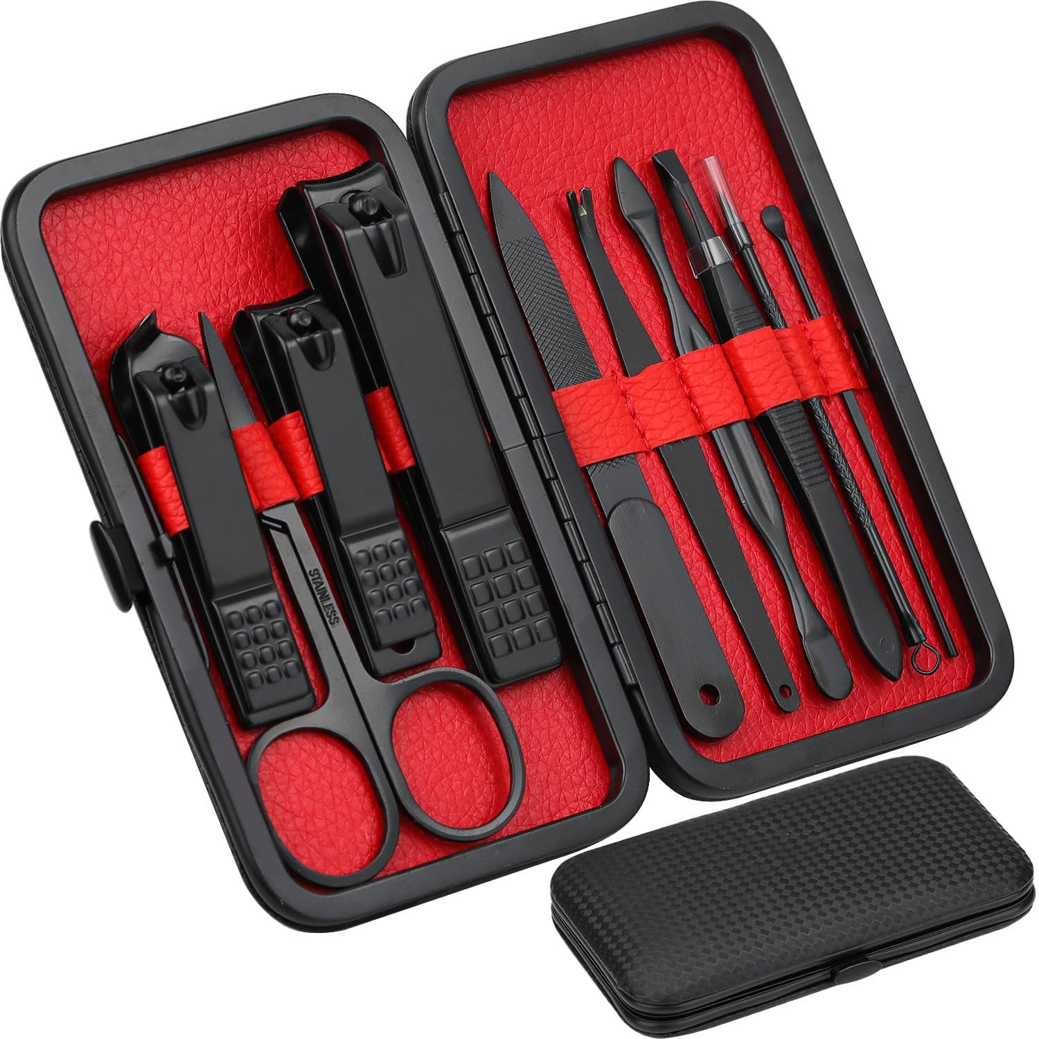 10 in 1 Manicure Set, Stainless Steel Nail Clippers and Grooming Tools with Black Leather Travel Case, Professional Nail Care Kit