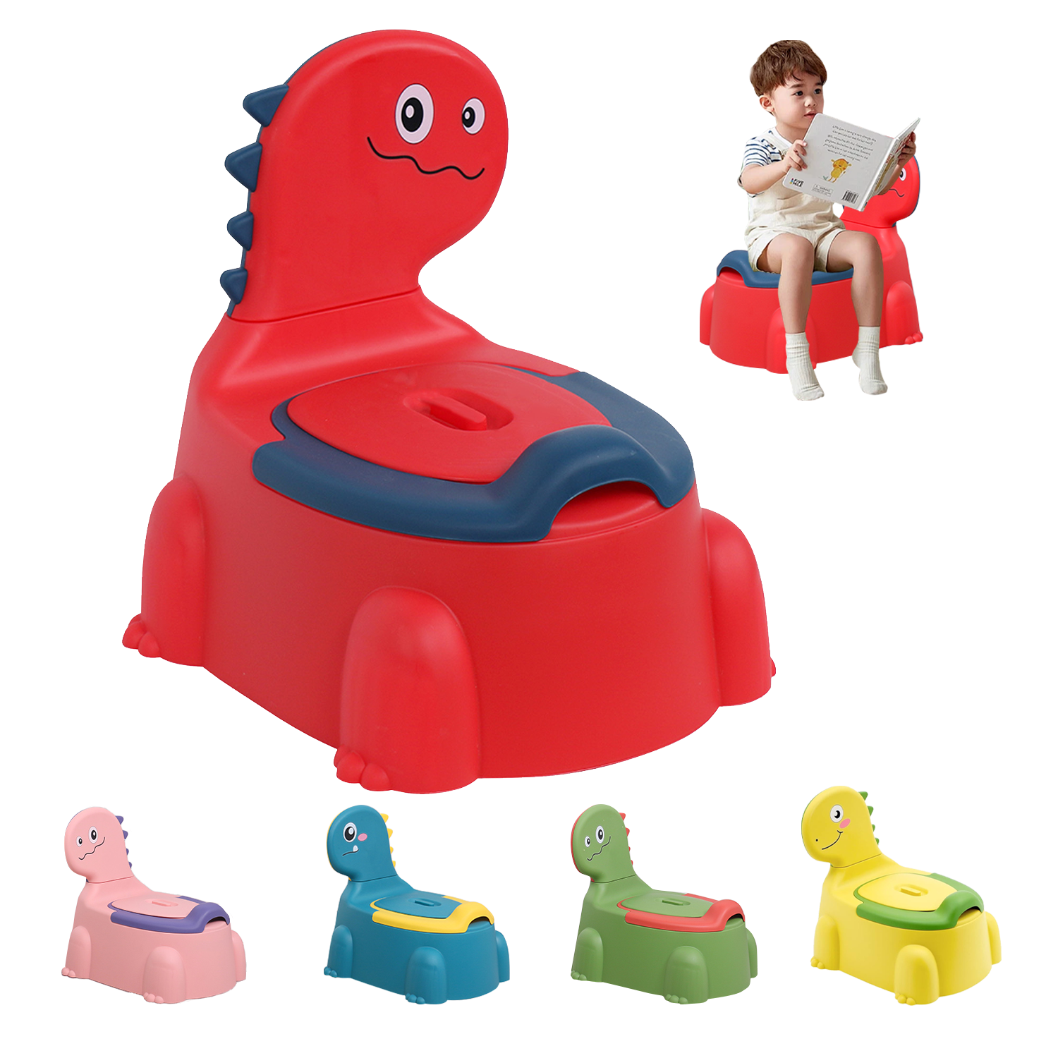 (Red)Dinosaur Potty Chair for Toddlers 1-6 Years - Anti-Slip Portable Toilet Seat with Removable Lid & Splash Guard, Lightweight Training Potty 