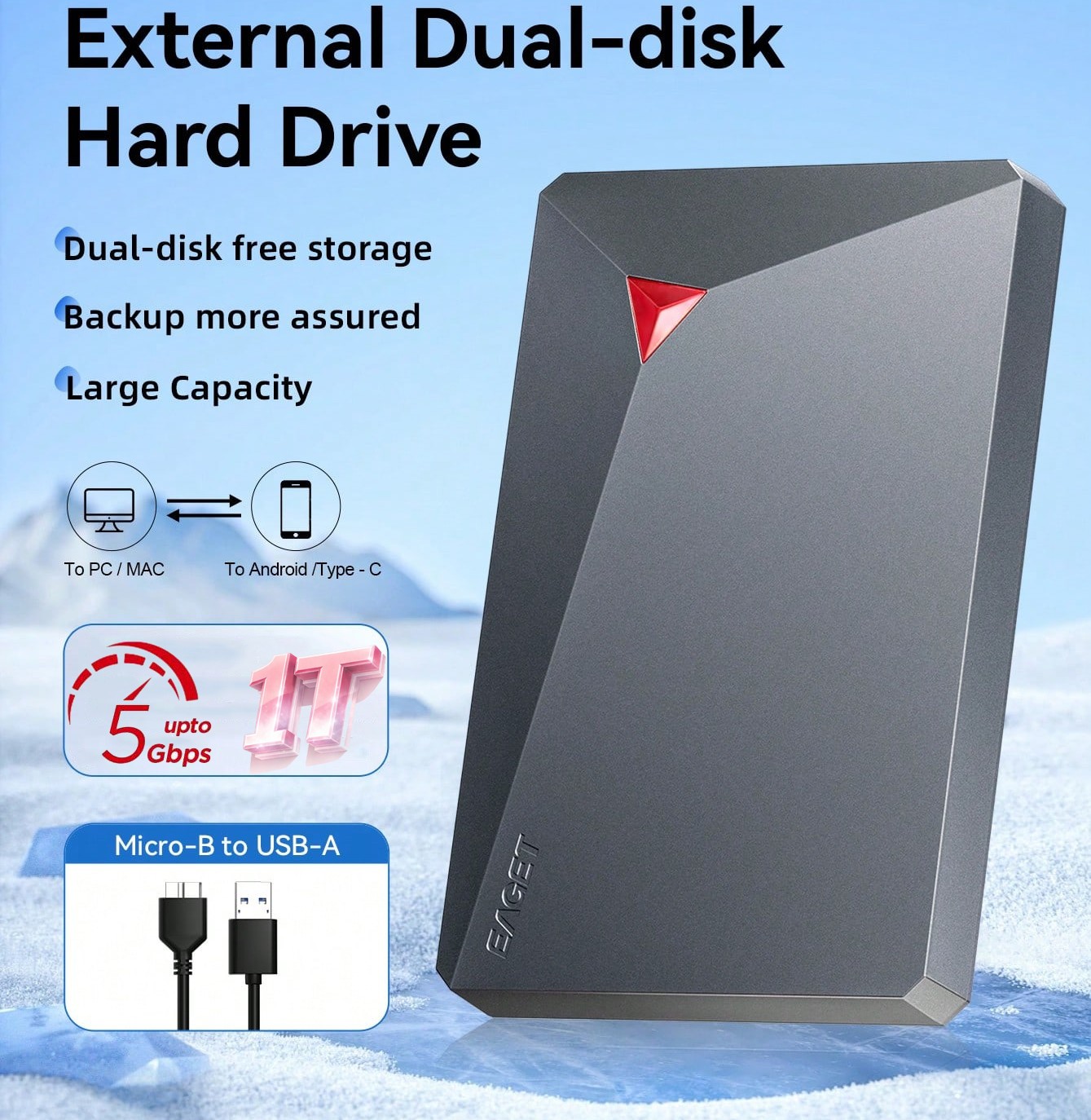 External Hard Drive High Speed 5Gbps Transfer Portable HDD Storage Device New Dual Disk Design External SSD Mobile Hard Drive Mechanical Hard Drive 1T