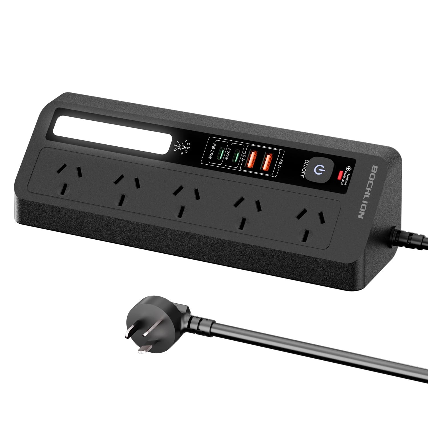 5 Way Power Board with 2 USB-C & 2 USB-A, Surge Protected Extension Lead 1.8M, Desktop Power Strip with Night Light, AU Plug for Home Office (Black))