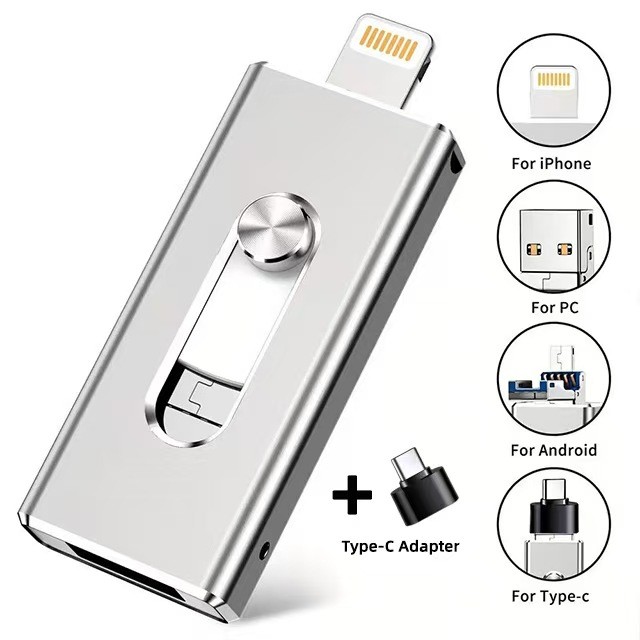 USB Flash Drive 4in1 MFi Certified Phone Flash Drive USB 3.0 High-speed Data Transmission External Storage Phone Stick Easily Back Up & Save (silver)