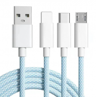 VRORKV 66W 3-in-1 Fast Charging Cable, USB to Type-C/Lightning/Micro-USB Nylon Braided Multi Charger Cable 1.2M（Sky Blue）