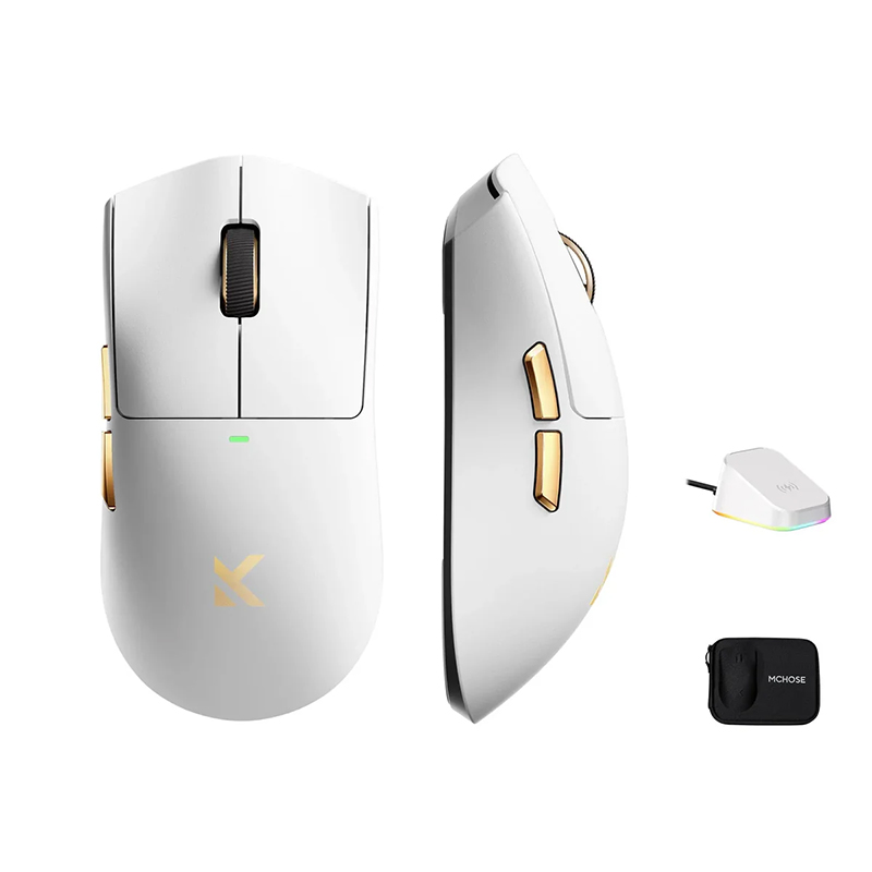 MCHOSE K7 Ultra 8K Lightweight Wireless Gaming Mouse with Magnetic Charging Dock and Carry Case - White Gold (MSMCK711)