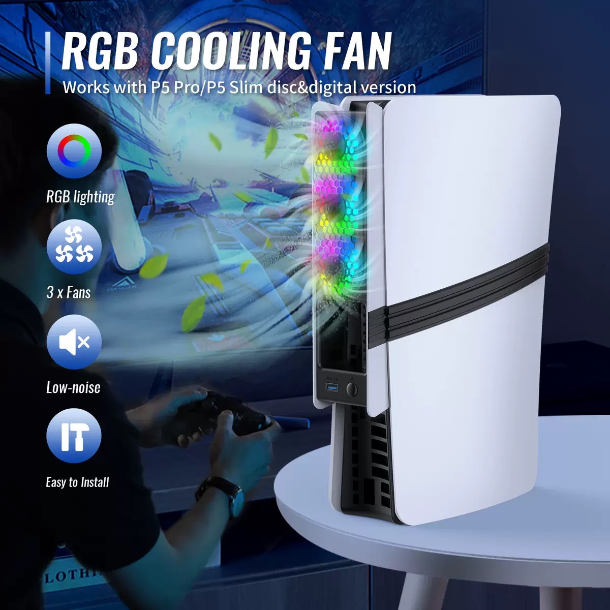 RGB Cooling Fan for PS5 Pro / PS5 Slim - Smart Temperature Control Back Cooling Fan with RGB LED Light