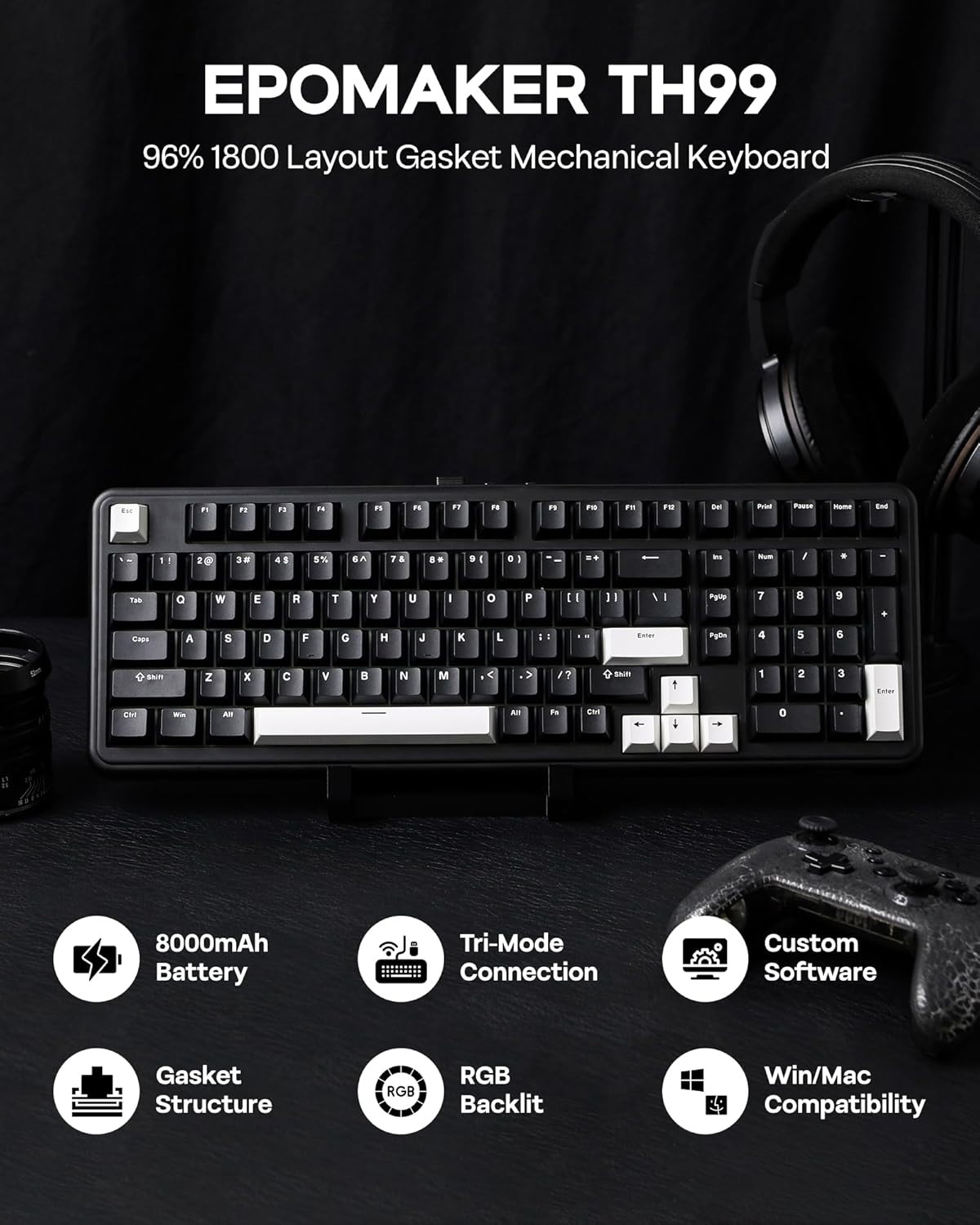 EPOMAKER TH99 Tri-Mode Wireless Mechanical Keyboard, Hot Swappable Custom Keyboard, for PC/Mac/Office/Gaming (Black, Creamy Jade)