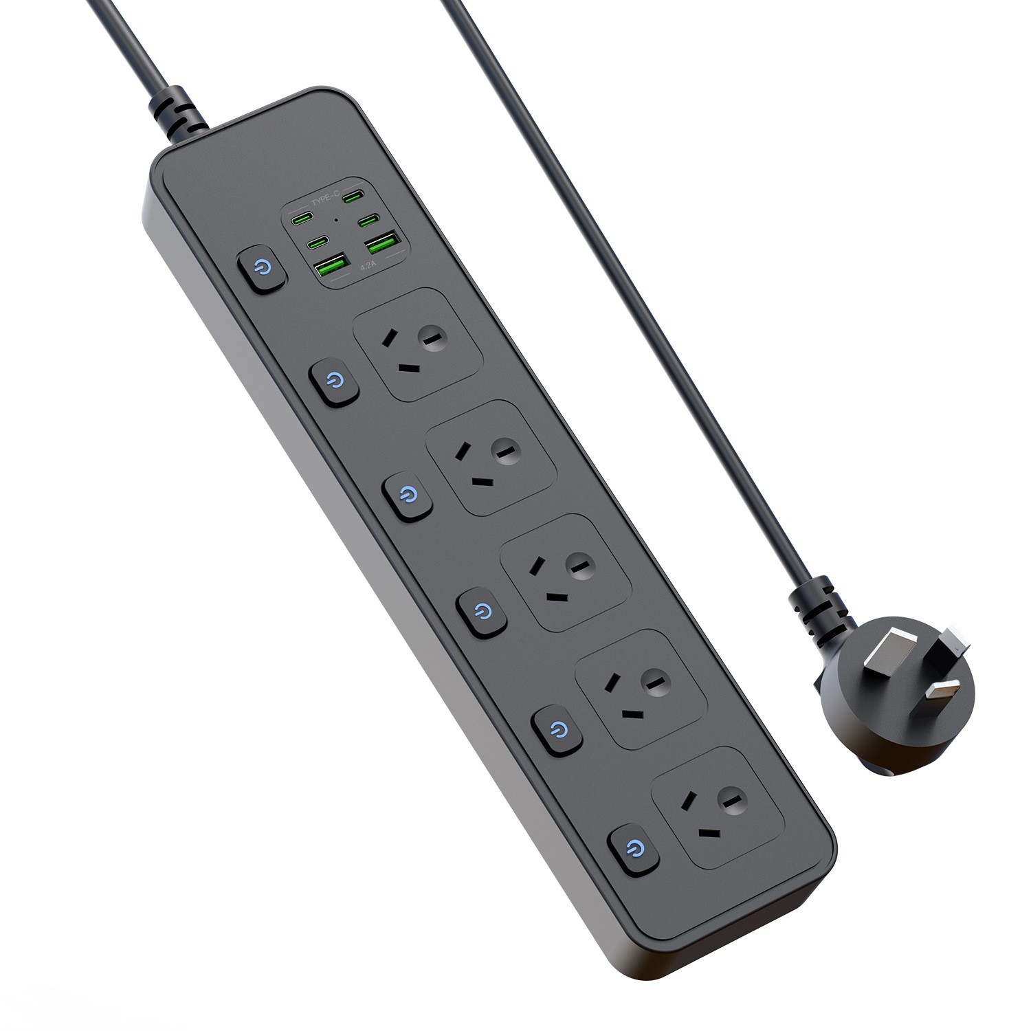 2M Individual Switched Surge Protected Power Board | 5 AC +2 USB-A+4 USB-C Wall Mount Power Strip, White Home Office Dorm Use-Black
