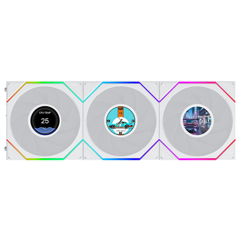 Lian Li Uni Fan TL Flex 1.8in LCD 2.4GHz Wireless 120mm Reverse Blade ARGB Fan 3 Pack - White (12RTLLCD1F3W)