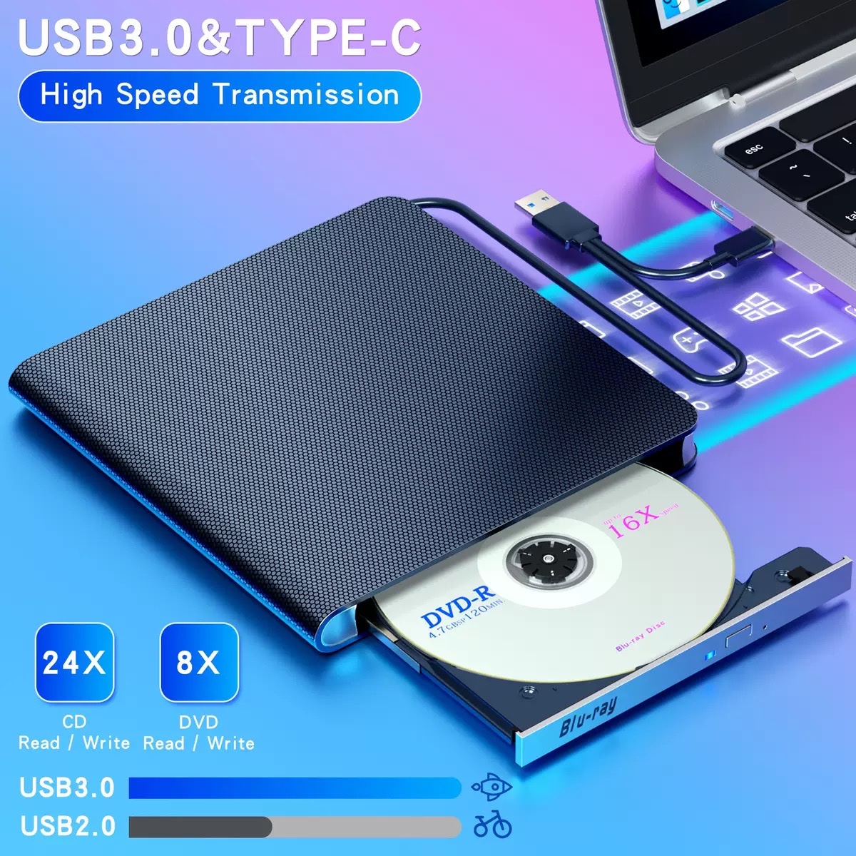 Multifunctional high-speed USB3.0 / TYPE-C external DVD burner laptop optical drive 
