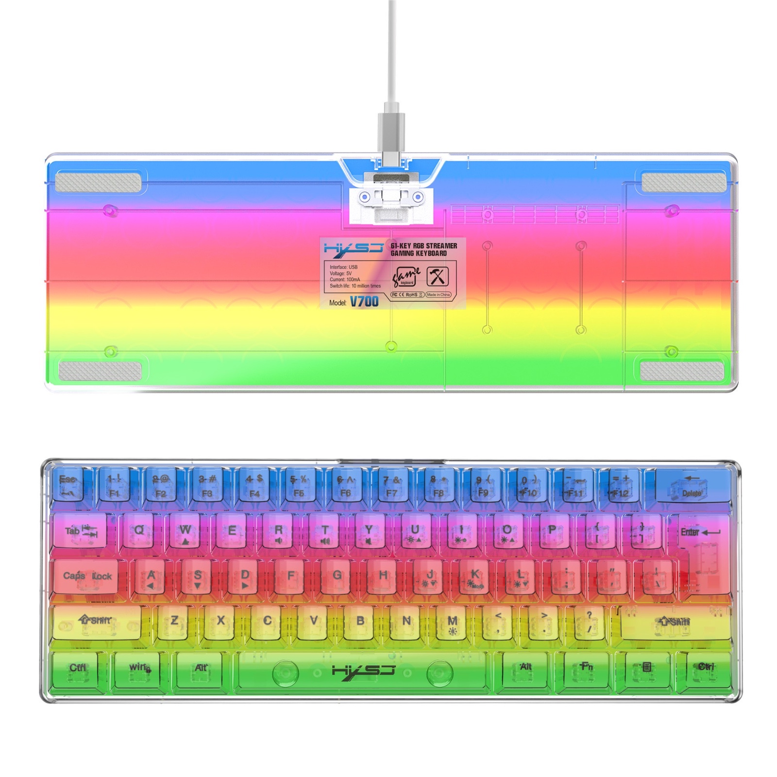 V700 60% Compact 61-Key Wired Membrane Gaming Keyboard & Mouse Set, Full Transparent Shell RGB Backlit Detachable Type-C Cable for PC Office Game