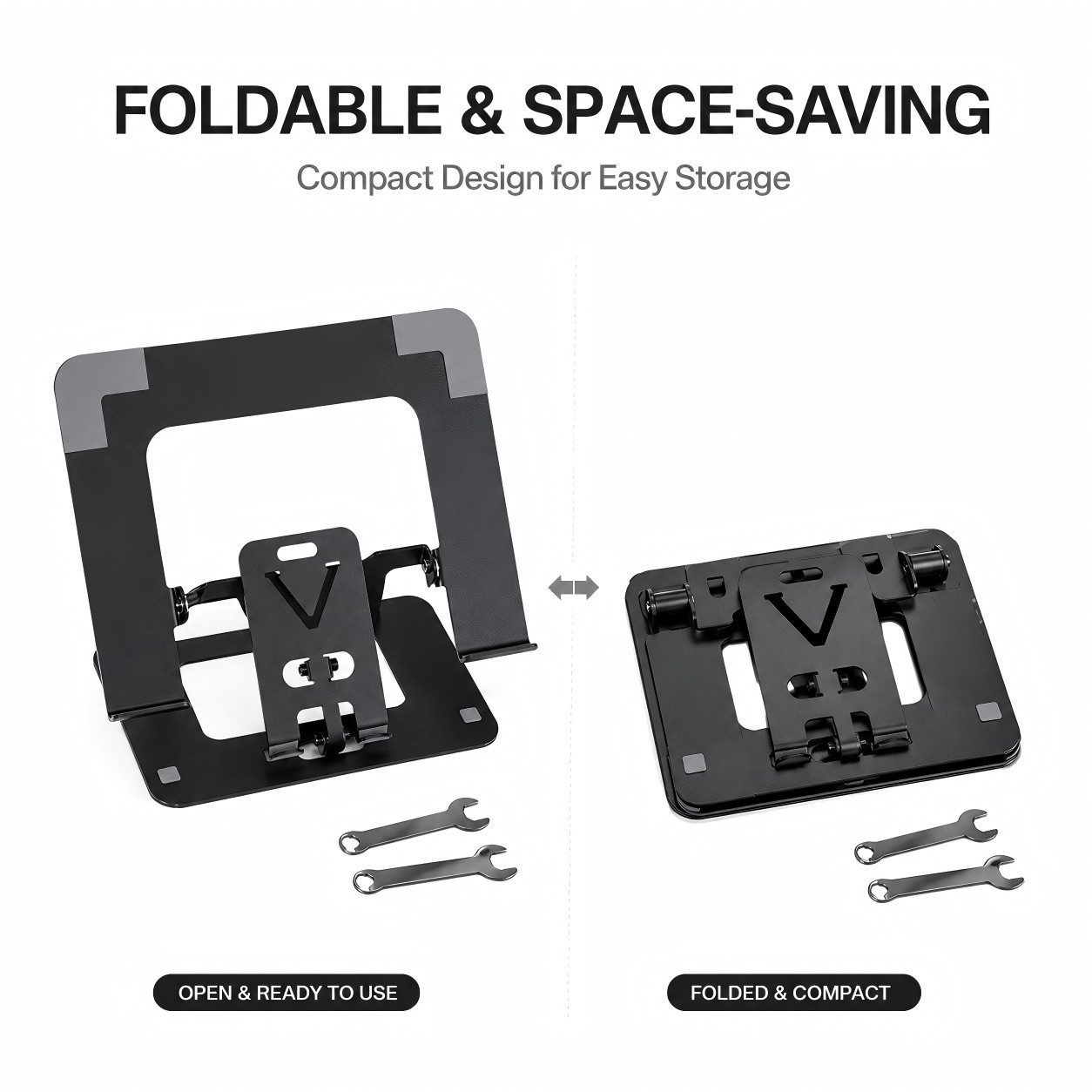 2-in-1 Foldable Laptop Stand with Phone Holder, Ergonomic Adjustable Computer Riser for Desk, Carbon Steel Desktop Stand for 10-15.6" Laptops, Black