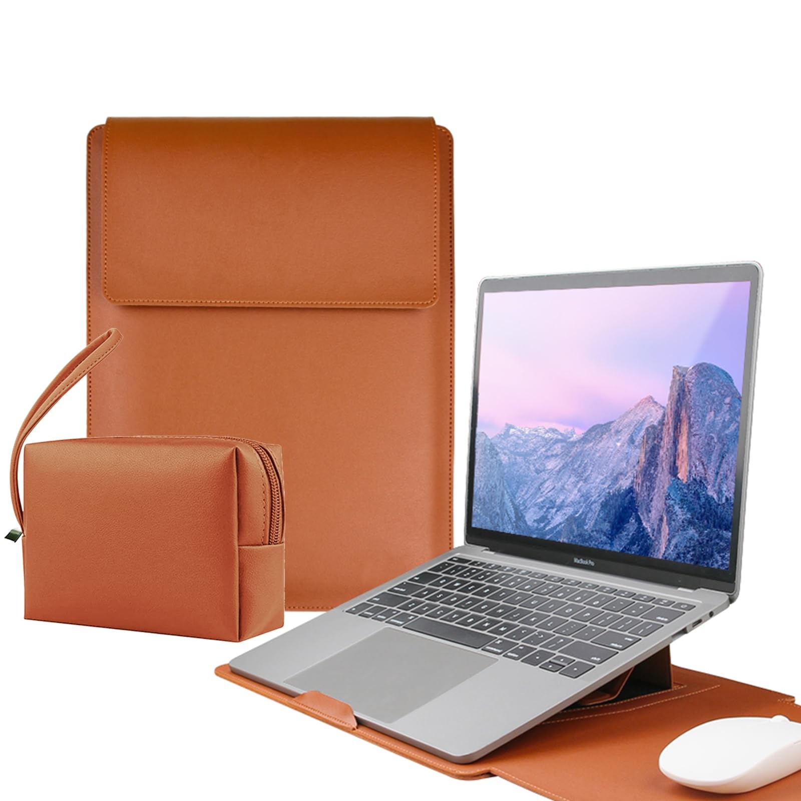 13-14 Inch Waterproof PU Leather Laptop Sleeve with Stand, Protective Case for MacBook Air/Pro, iPad, HP Dell Surface Laptops, Brown