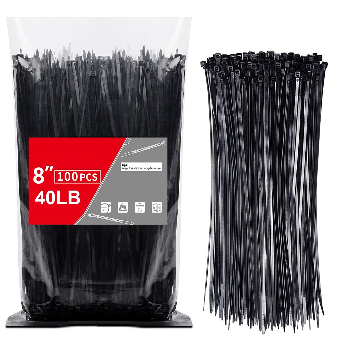 Zip Ties 8 inch (100 Pack), 40lbs Tensile Strength, Black Cable Ties, Wire Ties For Indoor and Outdoor Use, Heavy Duty Cable Wire Ties With Self-Locki