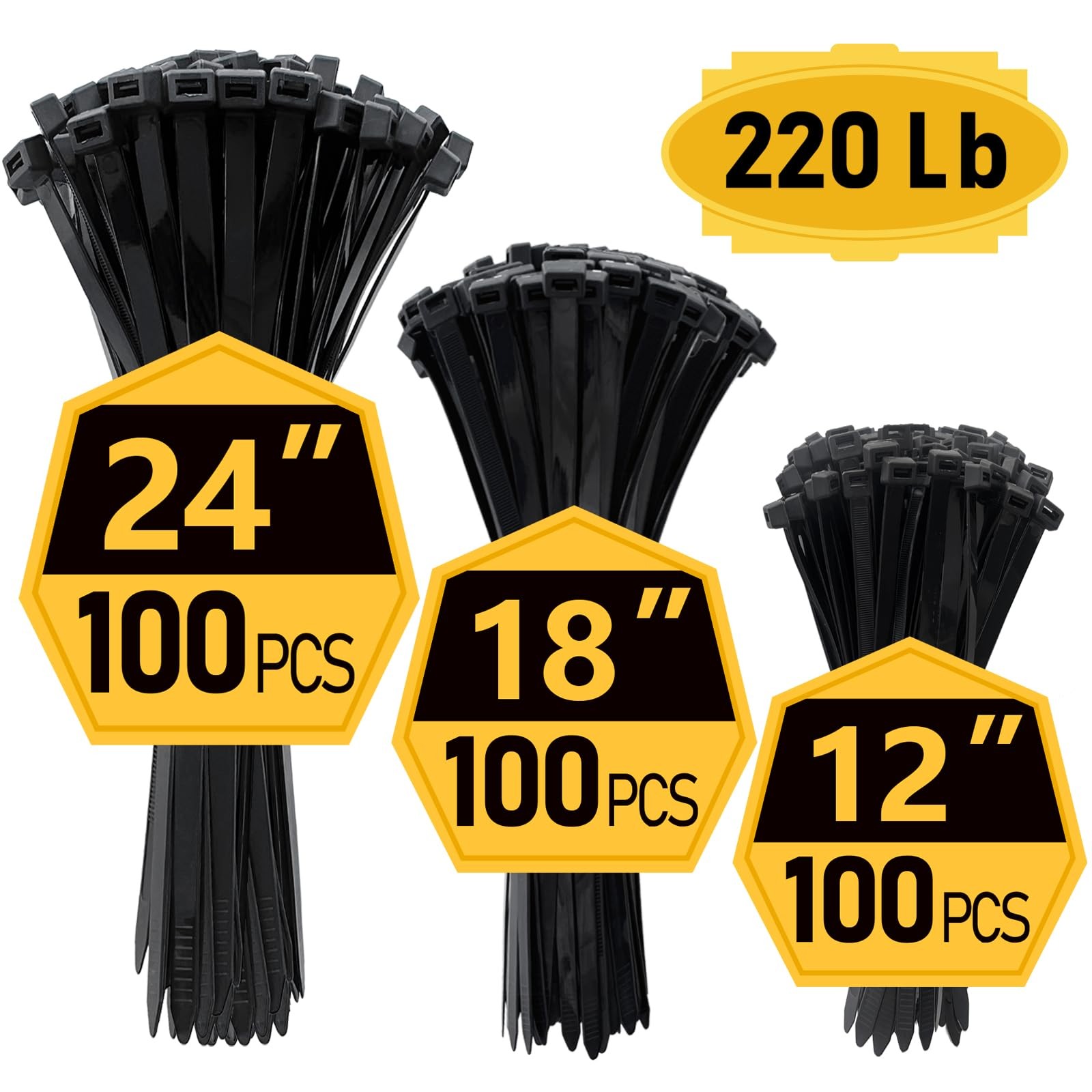 Zip Ties, Zip Ties Heavy Duty, Assorted Sizes (12"+18"+24")-300 Pack, Cable ties, Large Zipties Heavy Duty Black, Wire Ties with 220 lb Tensile Streng
