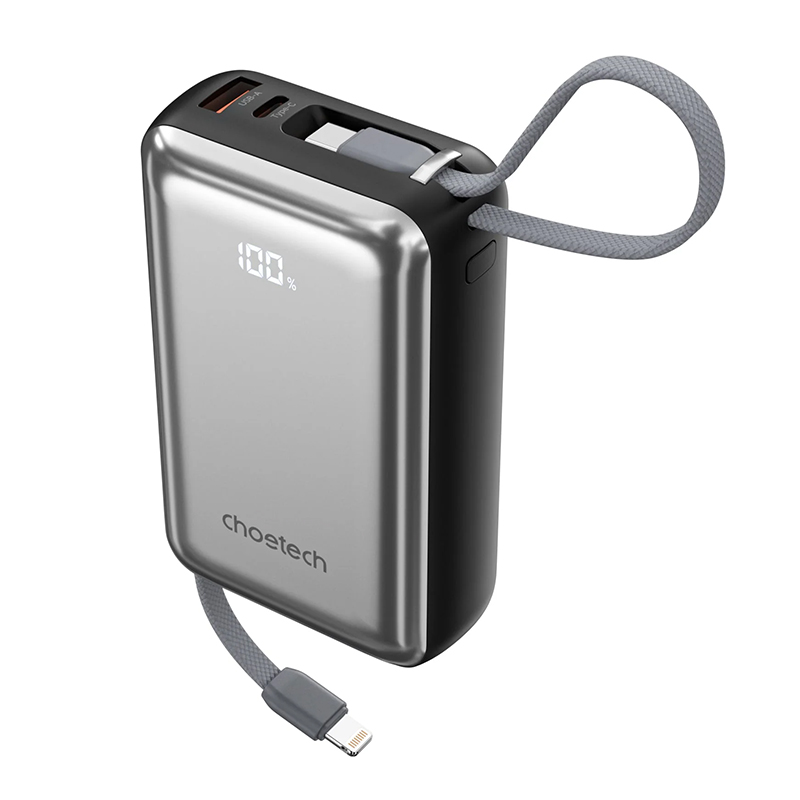 Choetech PowerLeap 20000mAh 45W Power Bank with USB-C and Lightning Cables - Silver Black (CTB836BK)