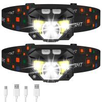 Head Torch Rechargeable, 2 Pack Super Bright Headlamp-8 Modes Lightweight Headlight with Red Warning Lights,Sensor Control,Stepless Dimming,Waterproof