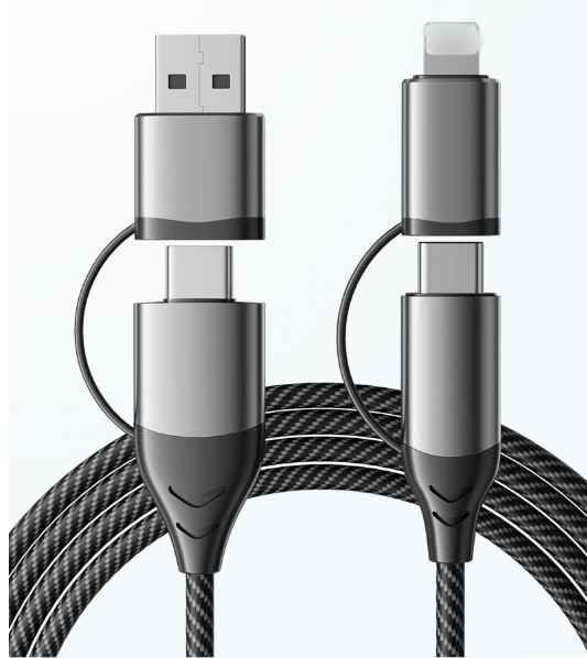 VRORKV 4‑in‑1 Detachable 88W PD USB‑C Braided Charging Cable 1M, USB‑A & Lighting Connector for Phones, Laptops & Car Use