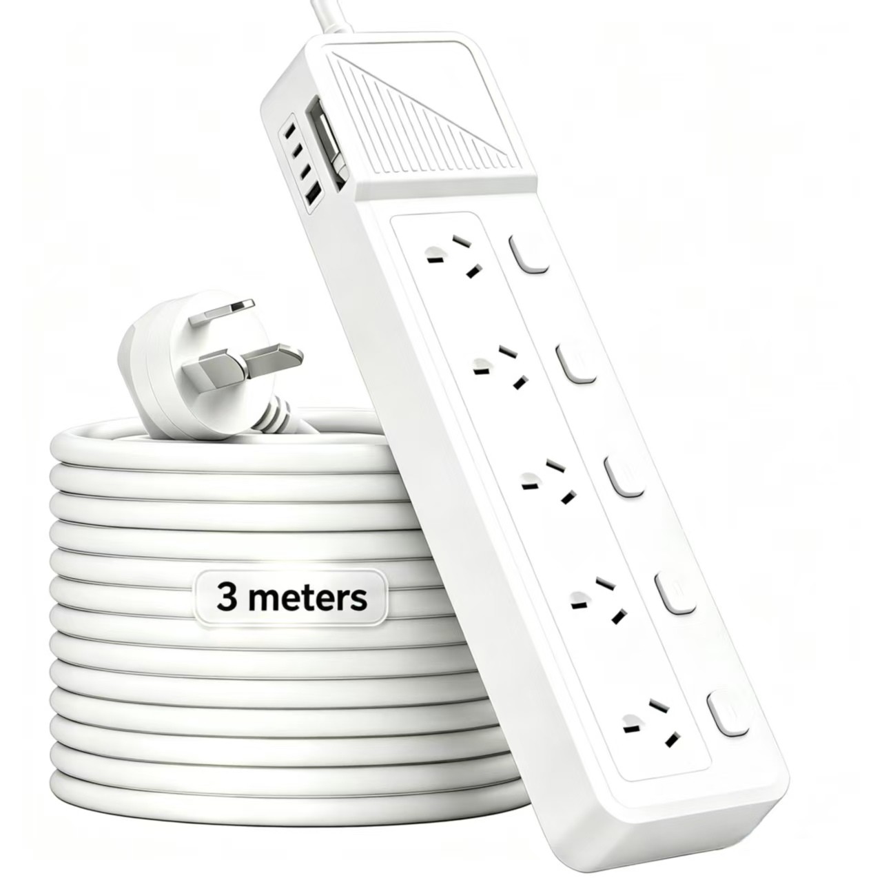 Power Board with Retractable USB‑C Cable, 5 Individual Switched AC Outlets, 2400W Surge‑Protected Power Strip, 3M Cord‑ White | Augearix