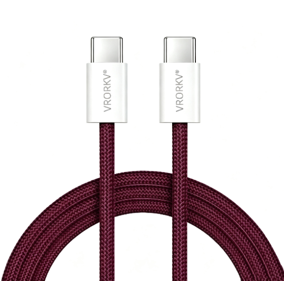 VRORKV 60W USB‑C to USB‑C Braided Charging Cable 1M, PD Fast Charge, Compatible with iPhone 15 16 17, Android Phones, Laptops - Burgundy