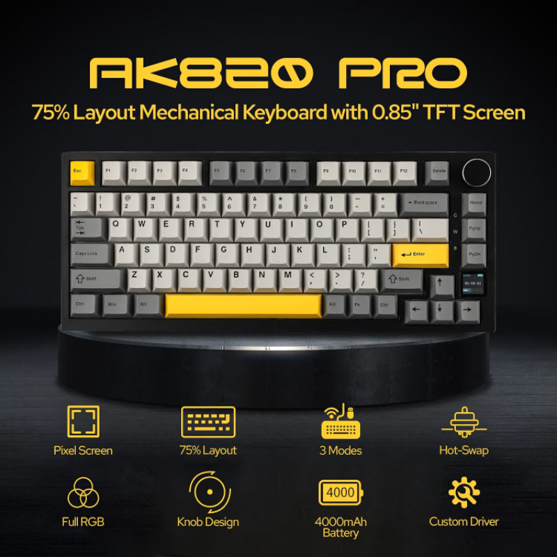 EPOMAKER Ajazz AK820 Pro 75% Gasket-Mounted Mechanical Keyboard with TFT Screen, Tri-Mode BT/2.4G/USB-C, Sound Dampening,（Grey, Ajazz Gift Switch）