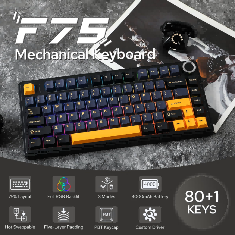 EPOMAKER x AULA F75 75% Wireless Gasket Mechanical Keyboard, Hot Swappable, BT/2.4GHz/USB-C, RGB, Knob, （Reaper Switch, Black）