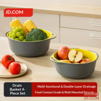 JD Vegetable Wash Basin Strainer Basket Double-Layer Wash Basket Rice Rinsing & Fruit Basket (4-piece set)