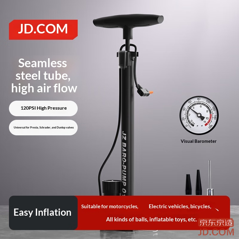 JD 120PSI High-Pressure Pump Dual Boost Gauge for Bicycles, Motorbikes, E-bikes, Balls