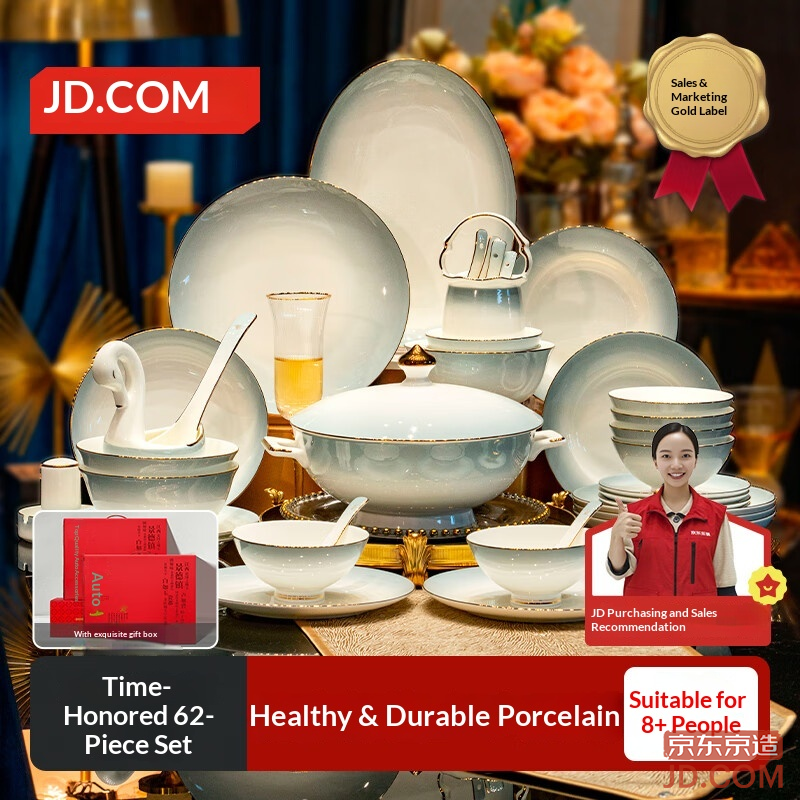 JD Dinnerware Set - Bone China Bowls & Plates 'Moving Celebration' Gift Box, 'Stream of Time' 62 Pieces
