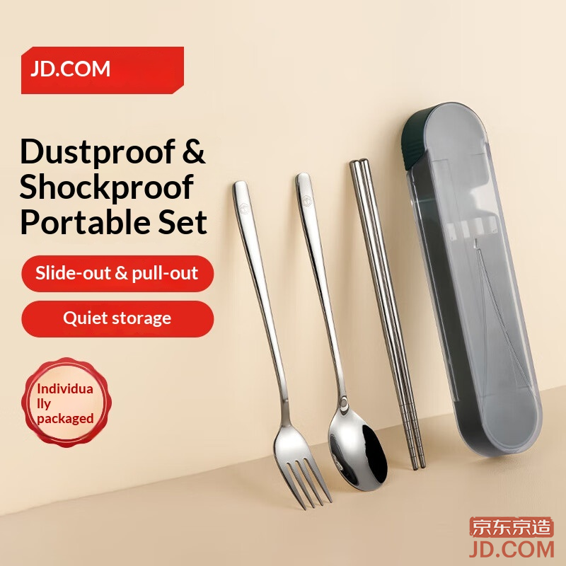 JD Chopsticks Student Cutlery 304 Stainless Steel Spoon Fork Portable for Work and School
