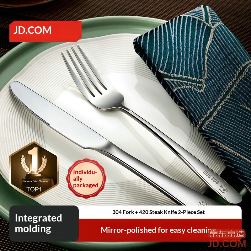 JD Knife and Fork Set, Stainless Steel Fruit Fork and Steak Cutlery Set, 2-Piece, Durable, Anti-Oxidation