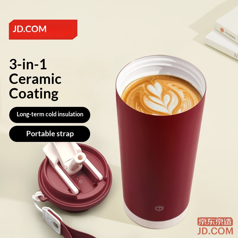 JD Insulated Cup Dual Lid Coffee Mug [Ceramic Liner-316 Stainless Steel] Red 500ml