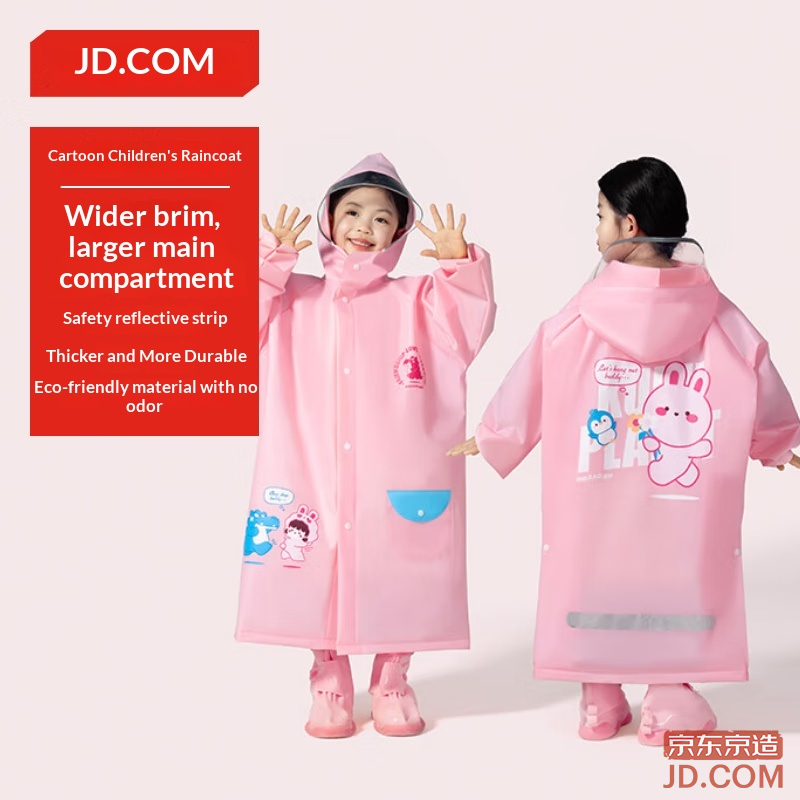 JD Children's Raincoat with Large Backpack Slot Boys Girls Full Body Student Pink 2XL