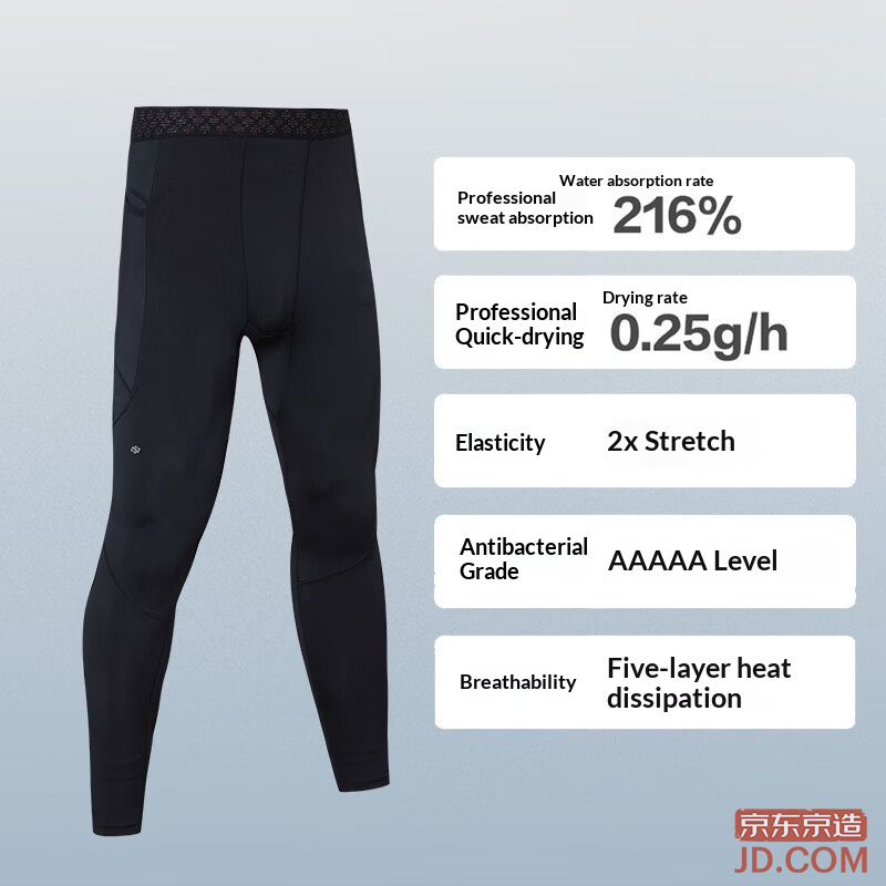 JD compression tights for men, professional basketball/running high-stretch dry-fit base layer gym pants, black XXXL