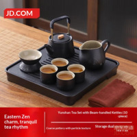 JD Kung Fu Tea Set Ceramic Home Office Set with Black Pottery, Tea Cups, Tea Tray, and Teapot with Handle