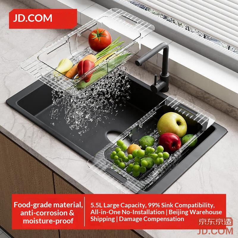 JD Draining Basket, Expandable Sink Kitchen Organizer Dish Rack, Fruit & Vegetable Washer PET