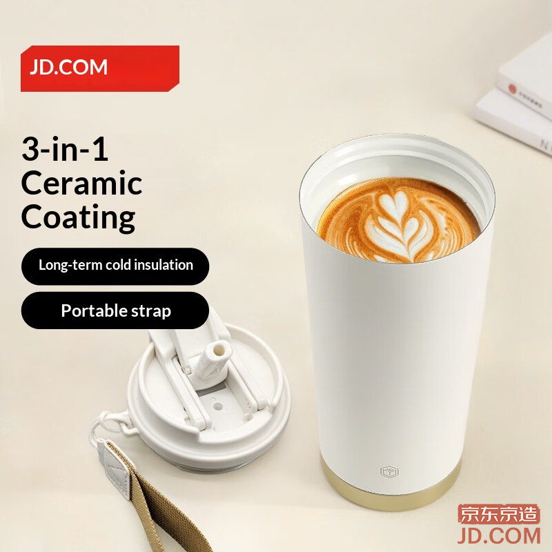 JD Thermos Mug Dual Drink Coffee Cup [Ceramic Liner-316 Stainless Steel] 500ML Platinum Color