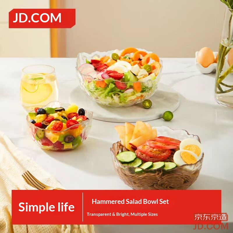 JD Bowl Home Instant Noodle Soup Bowl Japanese Hammered Tableware Glass Salad Bowl Set of Three