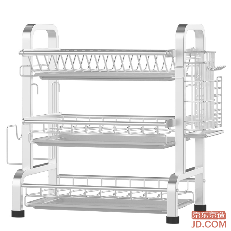 JD Dish Rack Tabletop Storage Draining Rack with Chopping Board and Knife Holder Kitchen Tools [3-Tier Thickened]