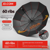 JD Black Knight 60-Bone Reinforced Automatic Umbrella, Sun and Rain, for Men and Women, Black Coating 23-Inch 105cm